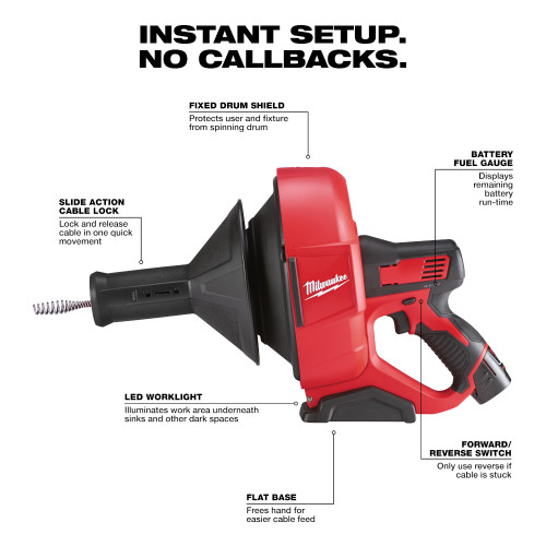 Milwaukee 2571-21 M12 Cordless Auger Drain Snake with 5/16 inch Cable Kit showing features of the drain snake