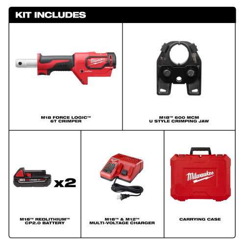 Milwaukee 2679-22 M18 FORCE LOGIC Cordless 600 MCM Crimper Kit showing inclusions of the kit
