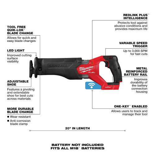 Milwaukee 2822-20 M18 FUEL SAWZALL Cordless Brushless 1-1/4 inch Reciprocating Saw (Tool Only) showing features of the reciprocating saw