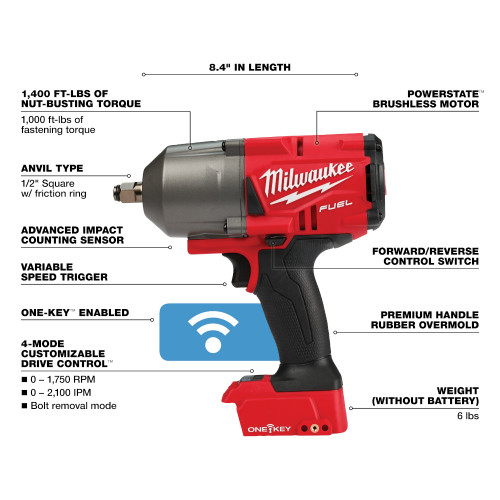 Milwaukee 2863-20 M18 FUEL Cordless Brushless High Torque 1/2 inch Impact Wrench with Friction Ring (Tool Only) showing features of the impact wrench