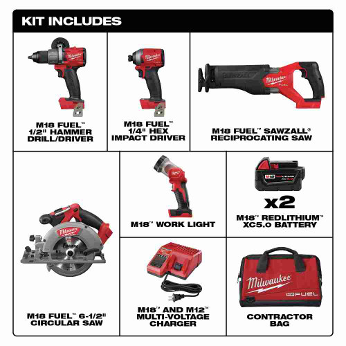 Milwaukee 3697-25 M18 FUEL 5-Tool Sans Fil 1/2 Pouce Marteau Perceuse / 1/4 Pouce Impact Visseuse / SAWZALL Alternative Scie / 6-1/2 Pouce Circ Scie / Travail Lumière Combo Kit Montrant les inclusions de le kit Milwaukee 3697-25 M18 FUEL 5-Tool Cordless 1/2 inch Hammer Drill / 1/4 inch Impact Driver / SAWZALL Recip Saw / 6-1/2 inch Circ Saw / Work Light Combo Kit showing inclusions of the kit