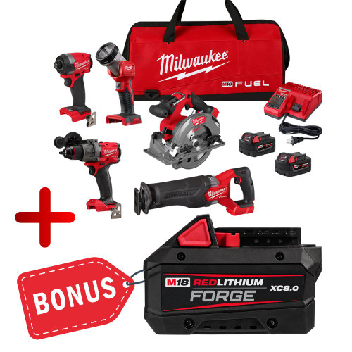 Milwaukee 3697-25 M18 FUEL 5-Tool Sans Fil 1/2 Pouce Marteau Perceuse / 1/4 Pouce Impact Visseuse / SAWZALL Alternative Scie / 6-1/2 Pouce Circ Scie / Travail Lumière Combo Kit Milwaukee 3697-25 M18 FUEL 5-Tool Cordless 1/2 inch Hammer Drill / 1/4 inch Impact Driver / SAWZALL Recip Saw / 6-1/2 inch Circ Saw / Work Light Combo Kit