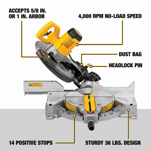 DeWalt DWS715 15 Amp 12 inch Single-Bevel Compound Mitre Saw showing feature of the saw