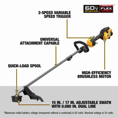 DeWalt DCST972B 60V MAX 17 inch Brushless Dual Line String Trimmer (Tool Only) showing features of the string strimmer