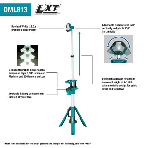 Makita DML813 18V LXT 3000lm LED Tower Light (Tool Only) showing features of the work light tower