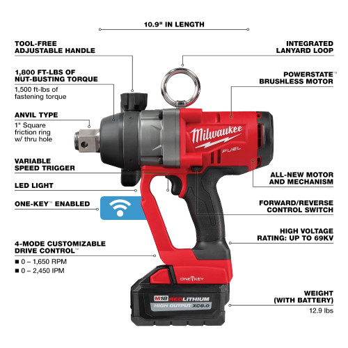 Milwaukee 2867-22 M18 FUEL 1 inch Cordless Brushless High Torque Impact Wrench Kit showing features of the impact wrench