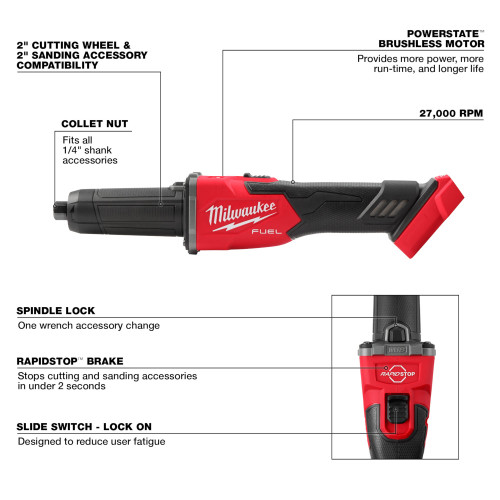 Milwaukee 2939-20 M18 FUEL Cordless Brushless Braking Die Grinder with Slide Switch (Tool Only) showing features of the die grinder