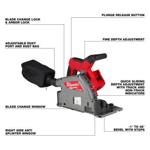 Milwaukee 2831-20 M18 FUEL Cordless Brushless 6-1/2 inch Plunge Track Saw (Tool Only) showing features of the plunge saw