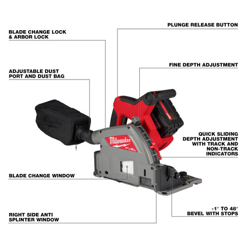 Milwaukee 2831-21 M18 FUEL Cordless Brushless 6-1/2 inch Plunge Track Saw Kit showing features of the plunge saw