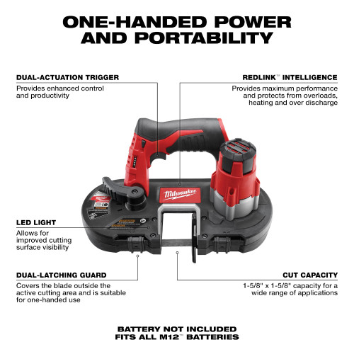 Milwaukee 2429-20 M12 Cordless Sub-Compact Band Saw (Tool Only) showing features of the bandsaw