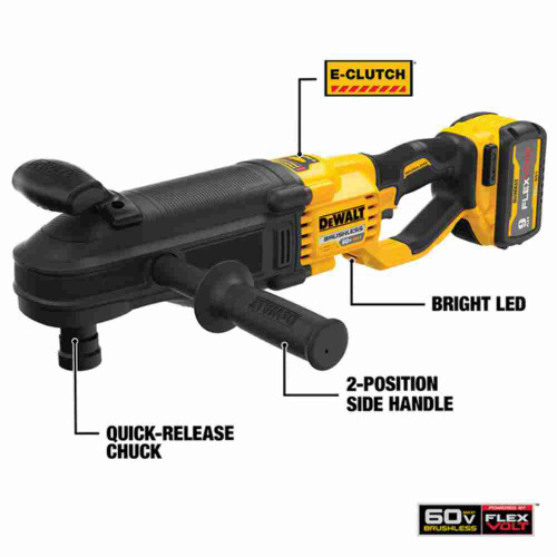 DeWalt DCD471X1 60V MAX Cordless Brushless Quick Change Stud  and Joist Drill with E-Clutch Kit showing features of the stud and joist drill