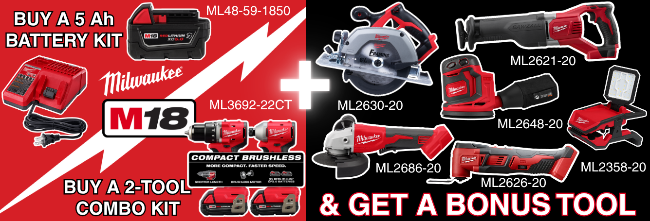 Milwaukee M18 5ah Battery Kit or 2-Tool Combo Kit + Bonus 18V Power Tool