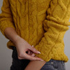Women's Aran Cabled Sweater - Yellow, Sleeve & Hem Detail