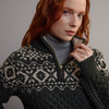 Women's Fair Isle Half Zip Aran Sweater - Green & Oatmeal, Collar Detail