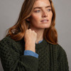 Women's Traditional Aran Crew Neck Sweater - Army Green, Cuff Detail