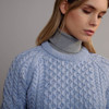 Women's Traditional Aran Crew Neck Sweater - Sky Blue, Collar Detail
