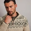 Men's Aran Fair Isle Half Zip Sweater - Oatmeal & Green, Zip Detail