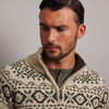 Men's Aran Fair Isle Half Zip Sweater - Oatmeal & Green, Collar Detail