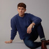 Men's Traditional Crew Neck Aran Sweater - Denim Blue