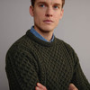 Men's Traditional Crew Neck Aran Sweater - Army Green, Collar Detail