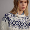 Women's Fair Isle Crew Neck Aran Sweater - Natural White & Navy, Collar Detail