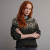 Women's Fair Isle Crew Neck Aran Sweater - Green & Oatmeal