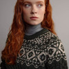 Women's Fair Isle Crew Neck Aran Sweater - Green & Oatmeal, Collar Detail