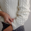 Women's Traditional Aran Crew Neck Sweater - Natural White, Sleeve & Hem Detail