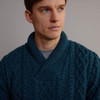 Men's Shawl Collar Aran Sweater - Peacock, Collar Detail