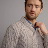 Men's Shawl Collar Aran Sweater - Oatmeal, Collar & Zip Detail