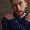 Men's Honeycomb & Chevron Handknit Aran Sweater - Navy, Collar