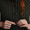 Women's Aran Honeycomb Cardigan - Army Green, Button Detail