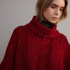 Women's Aran Poncho With Collar - Red, Collar Detail