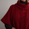 Women's Aran Poncho With Collar - Red, Sleeve & Hem Detail