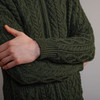 Men's Full Zip Aran Cardigan - Army Green, Cuff & Sleeve Detail