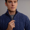 Men's Half Zip Aran Sweater - Denim Blue, Collar Detail