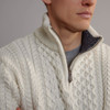 Men's Half Zip Aran Sweater - Natural White, Collar Detail