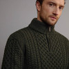 Men's Half Zip Aran Sweater - Army Green, Collar Detail