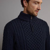 Men's Half Zip Aran Sweater - Blackwatch, Collar Detail