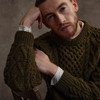 Men's Honeycomb Handknit Crew Neck Aran Sweater - Moss Green, Cuff & Sleeve