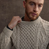 Men's Honeycomb Handknit Crew Neck Aran Sweater - Oatmeal, Collar