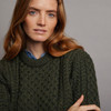 Women's Traditional Aran Crew Neck Sweater - Army Green, Collar Detail