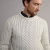 Men's Traditional Crew Neck Aran Sweater - Natural White, Collar & Shoulder Detail