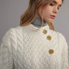 Women's High Neck Aran Cardigan - Natural White, Collar Detail