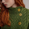 Women's High Neck Aran Cardigan - Green, Button Detail