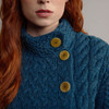 Women's High Neck Aran Cardigan - Teal, Collar Detail