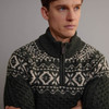 Men's Aran Fair Isle Half Zip Sweater - Green & Oatmeal, Collar Detail