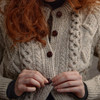 Women's Handknit Crew Neck Aran Cardigan - Oatmeal, Buttons