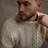Men's Diamond Handknit Crew Neck Aran Sweater - Natural White, Collar