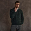 Men's Diamond Handknit Crew Neck Aran Sweater - Dark Green